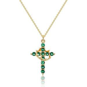 Women M05 Emerald Green, May 14K Gold Plated Crown Cross Necklace - Non-Tarnish